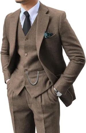 Mens Suit 3 Pieces Slim Fit Tweed Herringbone Retro Wool Suits Groom Tuxedos Prom Wedding Suits Jacket Blazer Vest Pants Sets