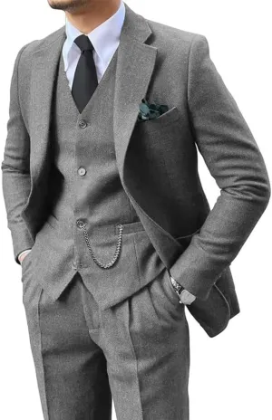 Mens Suit 3 Pieces Slim Fit Tweed Herringbone Retro Wool Suits Groom Tuxedos Prom Wedding Suits Jacket Blazer Vest Pants Sets