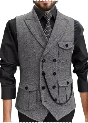 Men's Tweed Retro Vest Business Slim Fit Double Breasted Herringbone Waistcoat Multi-pocket