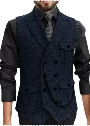 Men's Tweed Retro Vest Business Slim Fit Double Breasted Herringbone Waistcoat Multi-pocket