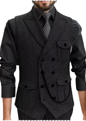 Men's Tweed Retro Vest Business Slim Fit Double Breasted Herringbone Waistcoat Multi-pocket
