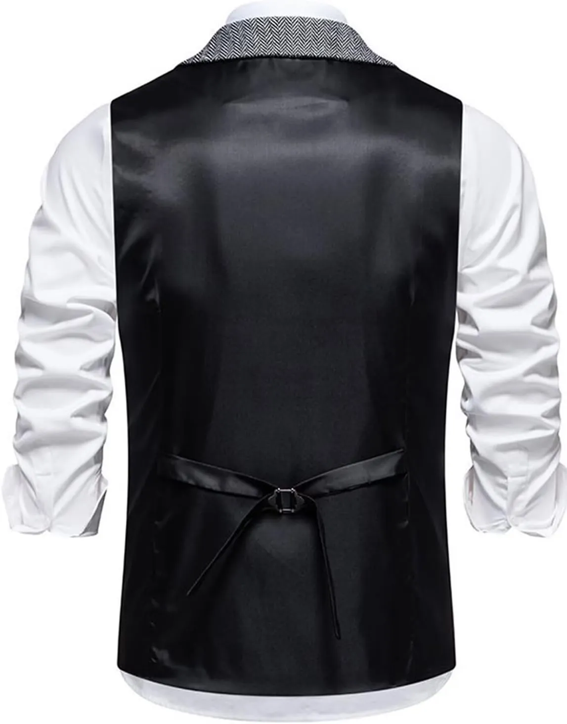 Men's Tweed Retro Vest Business Slim Fit Double Breasted Herringbone Waistcoat Multi-pocket