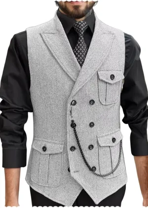 Men's Tweed Retro Vest Business Slim Fit Double Breasted Herringbone Waistcoat Multi-pocket