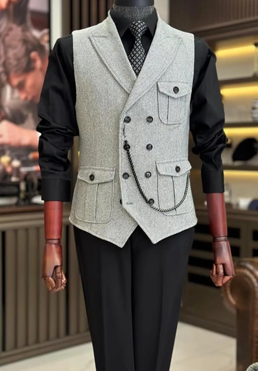 Men's Tweed Retro Vest Business Slim Fit Double Breasted Herringbone Waistcoat Multi-pocket