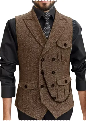 Men's Tweed Retro Vest Business Slim Fit Double Breasted Herringbone Waistcoat Multi-pocket