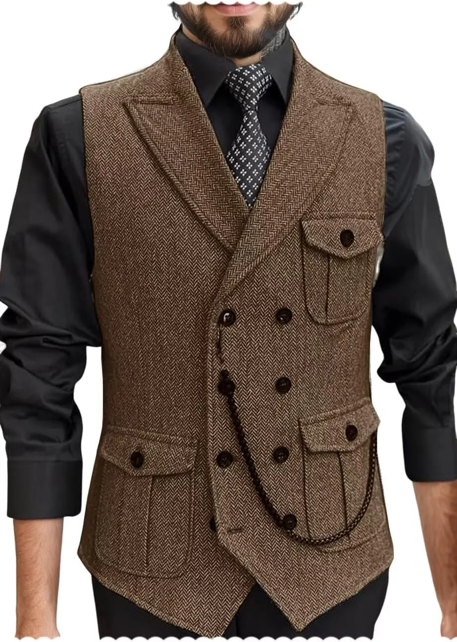 Men's Tweed Retro Vest Business Slim Fit Double Breasted Herringbone Waistcoat Multi-pocket