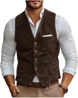 Men's V-Neck Suede Leather Suit Vest Slim Fit Western Cowboy Waistcoats for Wedding Party