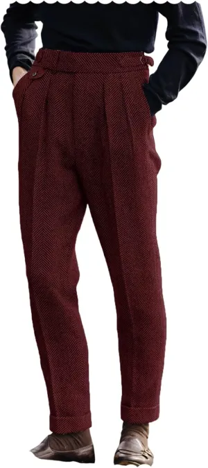 Men's Vintage Herringbone Tweed Pant High Waisted Dress Straight Trousers