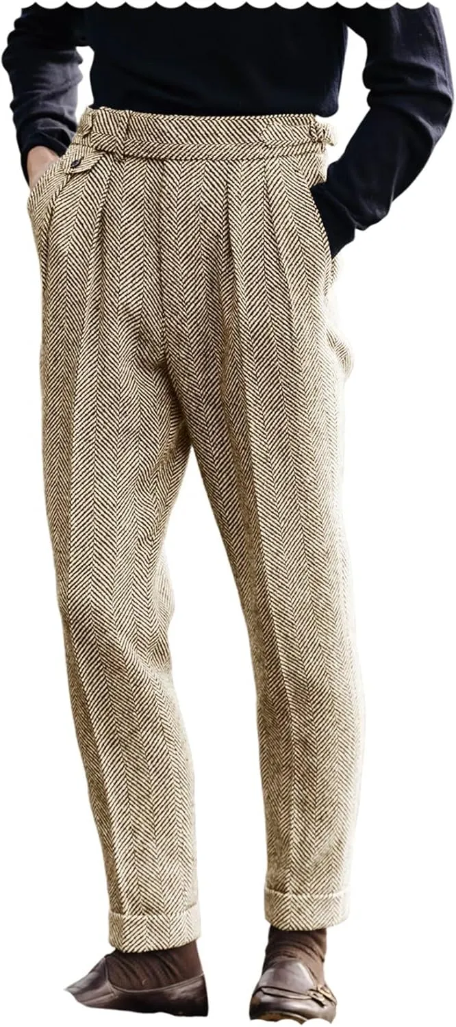 Men's Vintage Herringbone Tweed Pant High Waisted Dress Straight Trousers