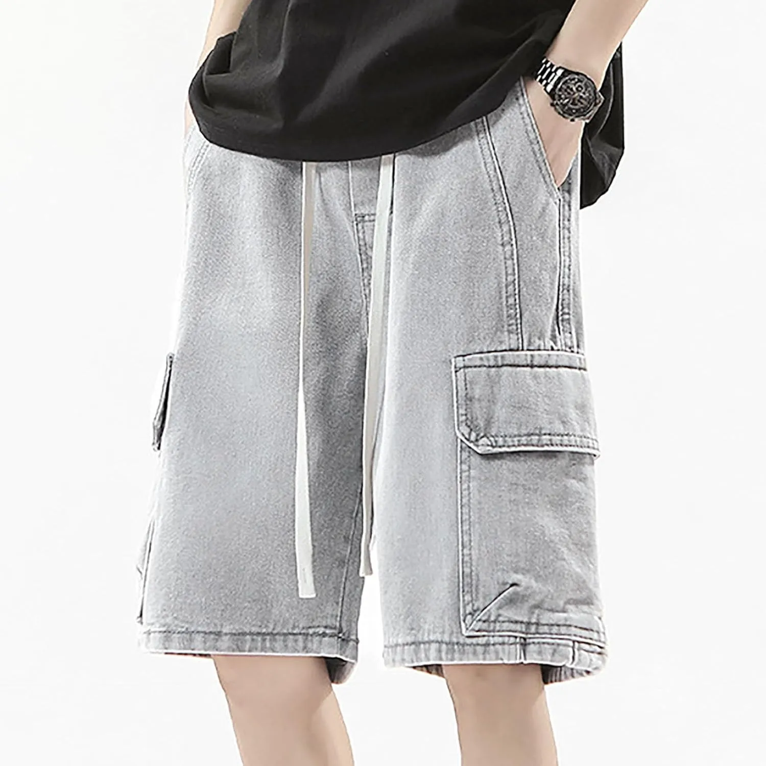 Men's Wide Leg Y2K Hip Hop Mid Jean Shorts Work Denim Shorts with Pockets Casual Summer Trendy Outfits