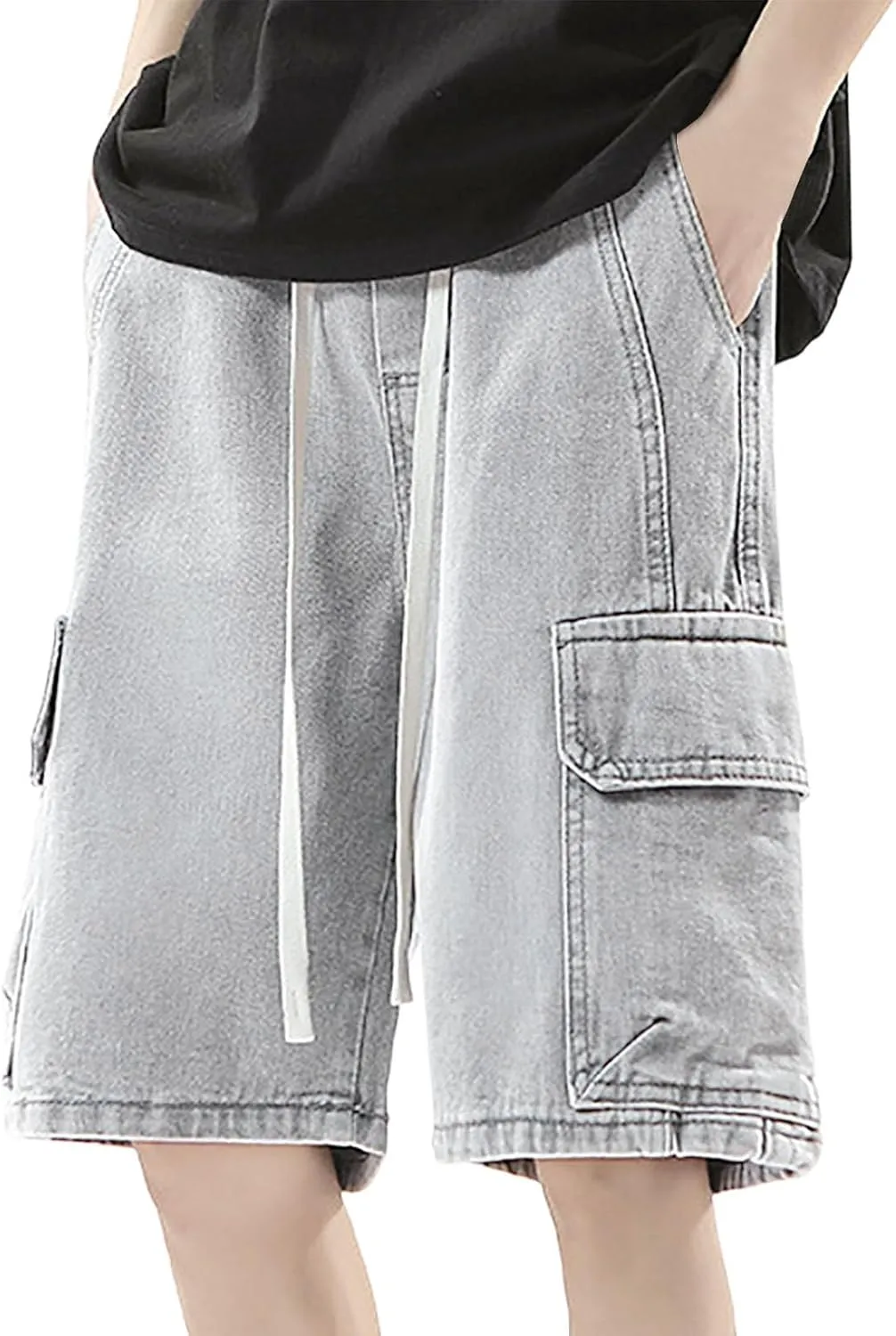 Men's Wide Leg Y2K Hip Hop Mid Jean Shorts Work Denim Shorts with Pockets Casual Summer Trendy Outfits
