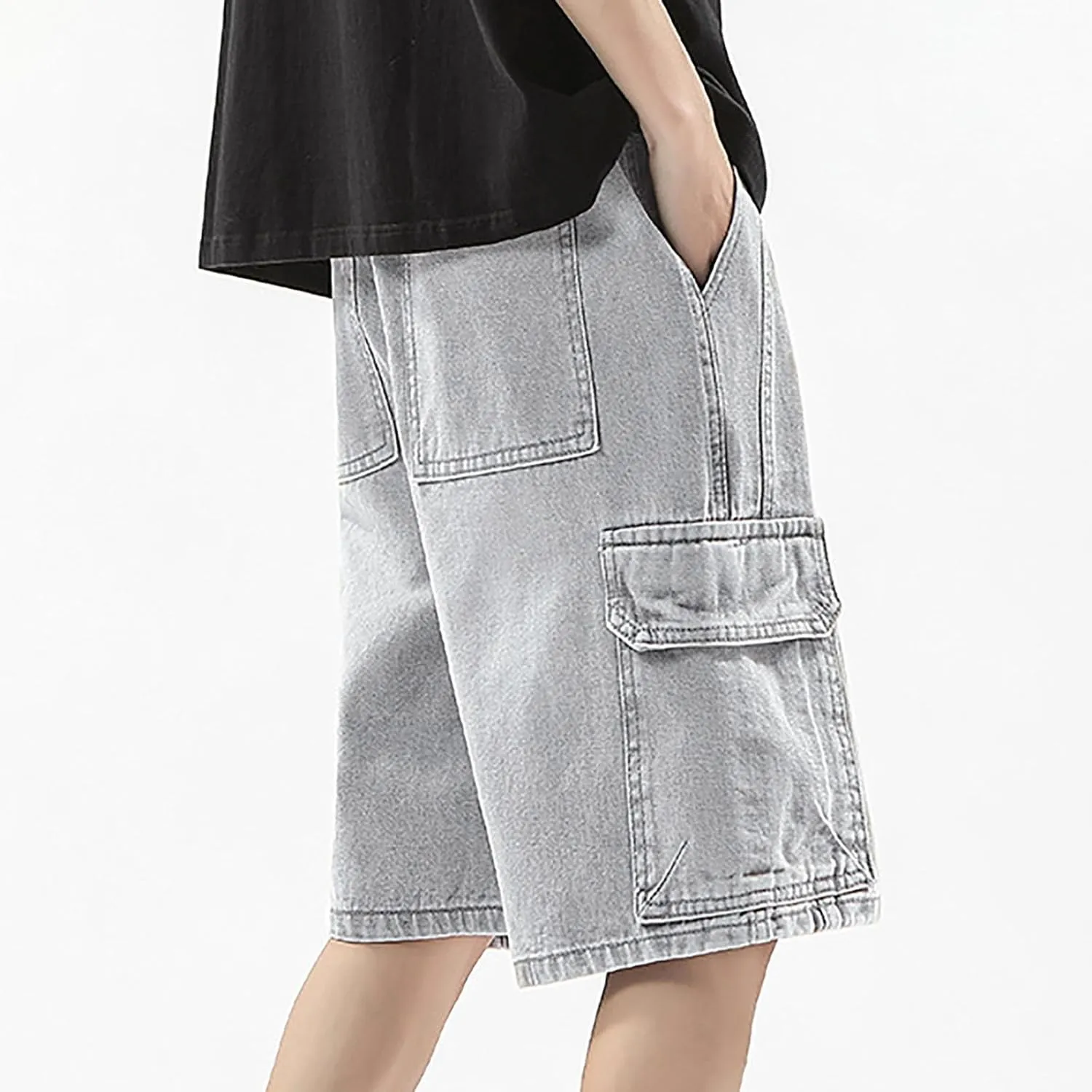 Men's Wide Leg Y2K Hip Hop Mid Jean Shorts Work Denim Shorts with Pockets Casual Summer Trendy Outfits