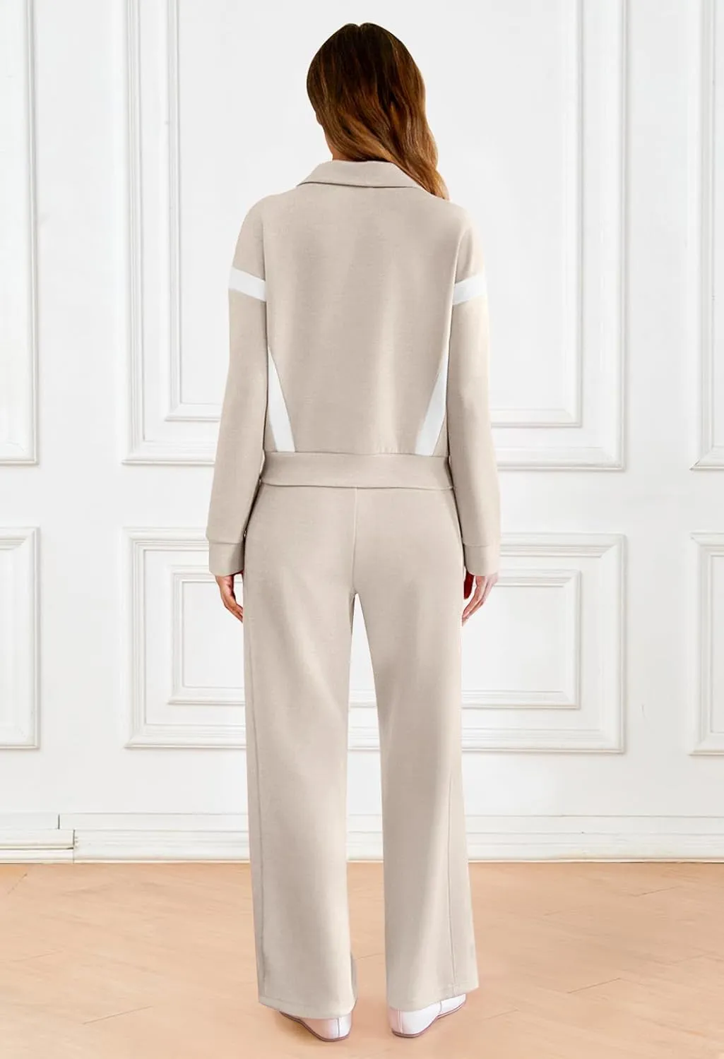 MEROKEETY Women's 2 Piece Outfits Color Block Sweatsuit Zip Up Sweatshirt Wide Leg Sweatpant Tracksuit Lounge Travel Set
