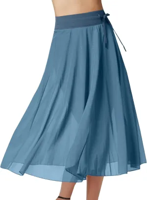Mesh Tulle Skirts for Women Flowy Lace Up Elastic High Waisted Maxi Skirts Solid Color Pleated Swing Long Skirts