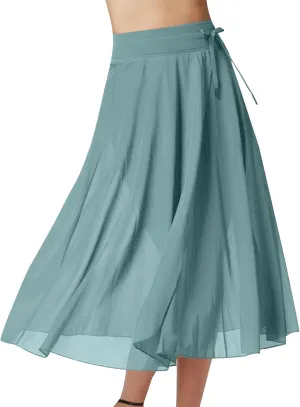 Mesh Tulle Skirts for Women Flowy Lace Up Elastic High Waisted Maxi Skirts Solid Color Pleated Swing Long Skirts