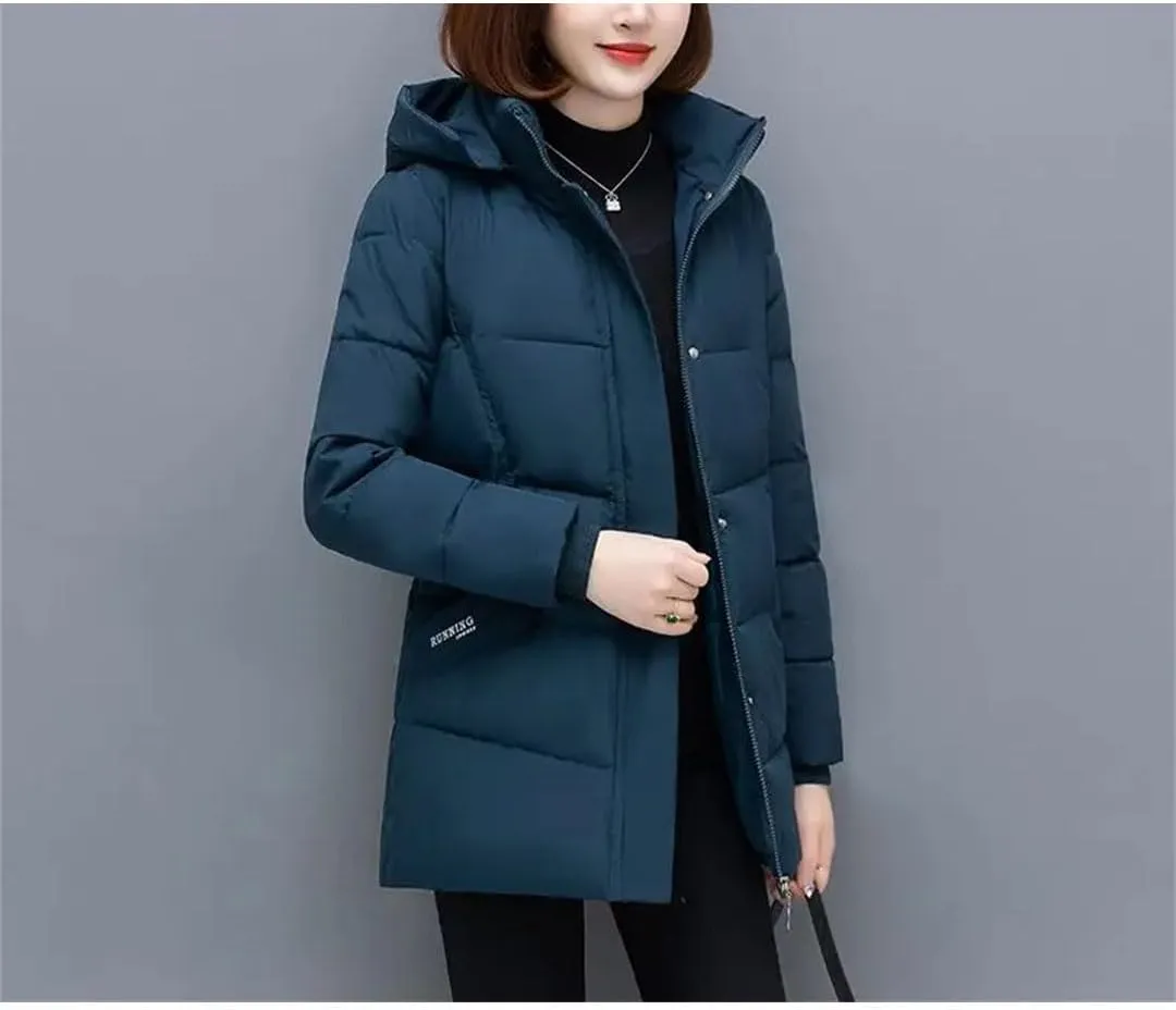 Mid-Length Down Cotton Coat Womens Winter Hooded Padded Parkas Jacket Zipper Mom Thick Warm Outwear