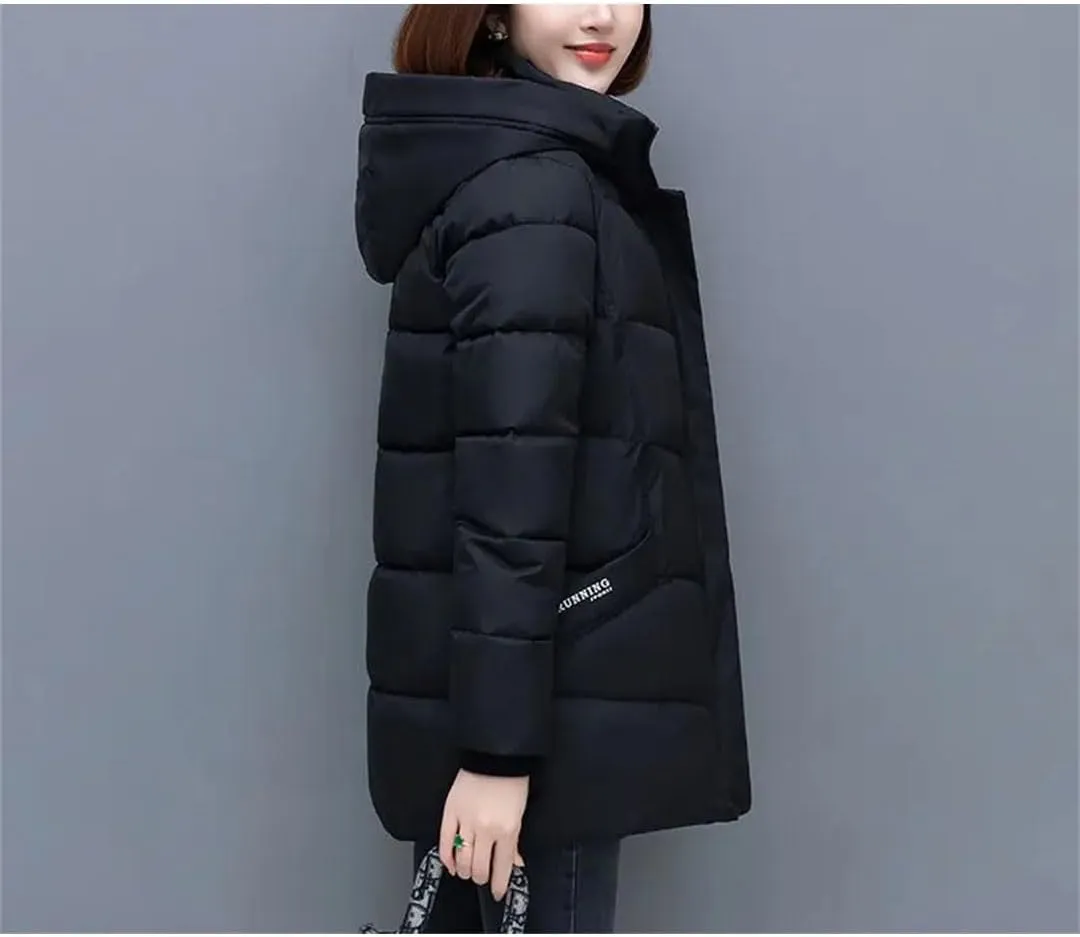 Mid-Length Down Cotton Coat Womens Winter Hooded Padded Parkas Jacket Zipper Mom Thick Warm Outwear