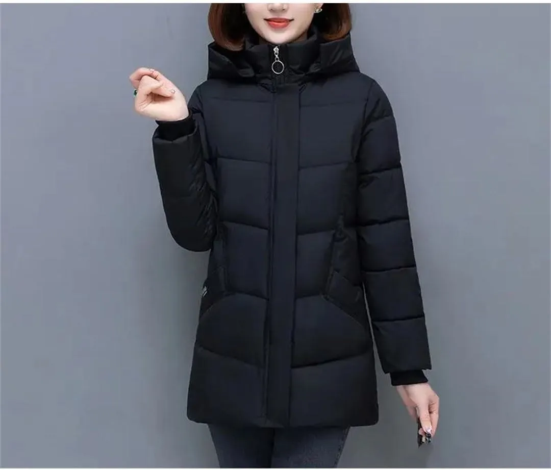Mid-Length Down Cotton Coat Womens Winter Hooded Padded Parkas Jacket Zipper Mom Thick Warm Outwear