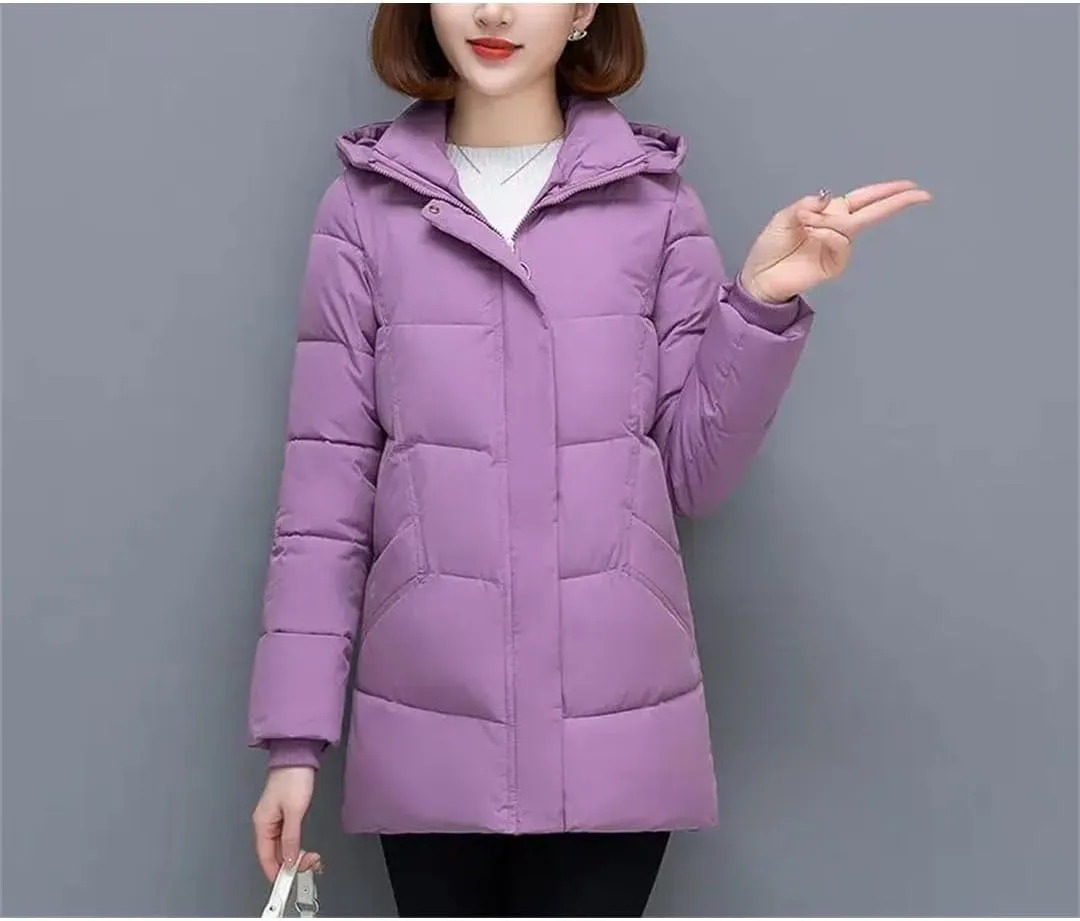 Mid-Length Down Cotton Coat Womens Winter Hooded Padded Parkas Jacket Zipper Mom Thick Warm Outwear