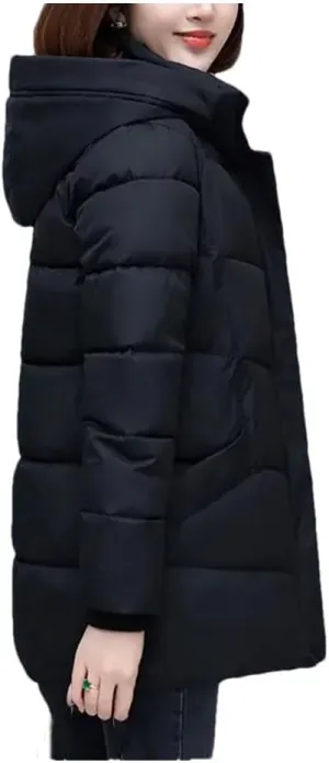Mid-Length Down Cotton Coat Womens Winter Hooded Padded Parkas Jacket Zipper Mom Thick Warm Outwear