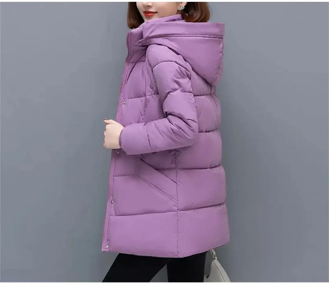 Mid-Length Down Cotton Coat Womens Winter Hooded Padded Parkas Jacket Zipper Mom Thick Warm Outwear