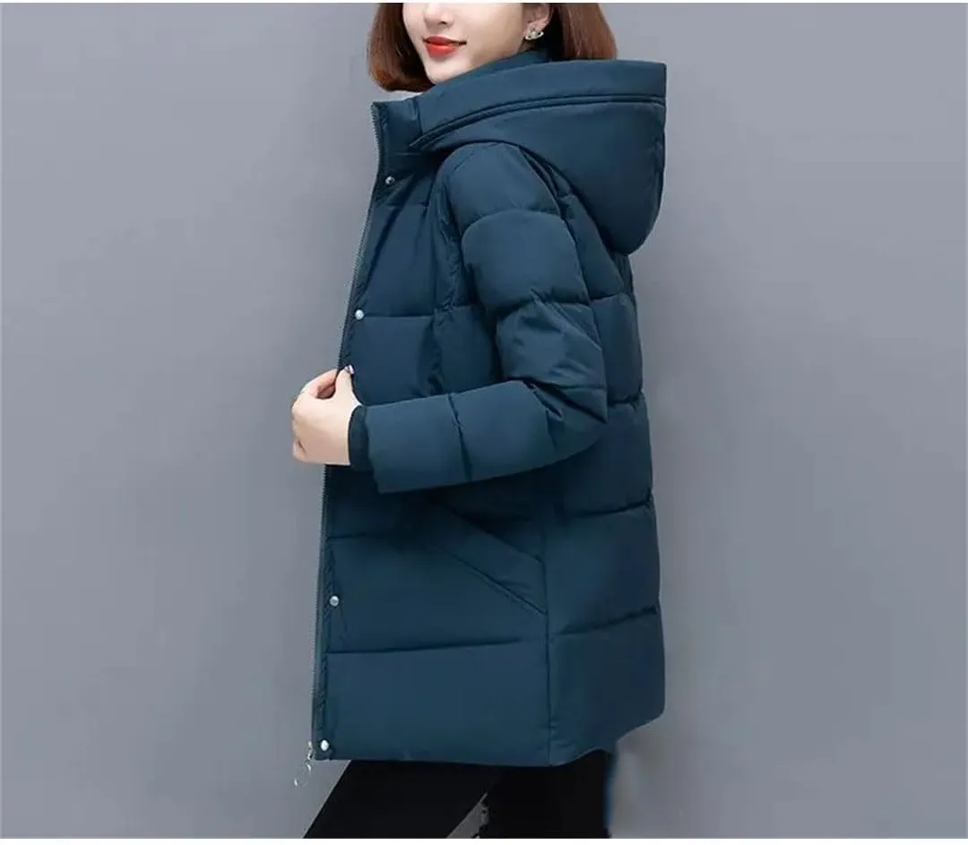 Mid-Length Down Cotton Coat Womens Winter Hooded Padded Parkas Jacket Zipper Mom Thick Warm Outwear