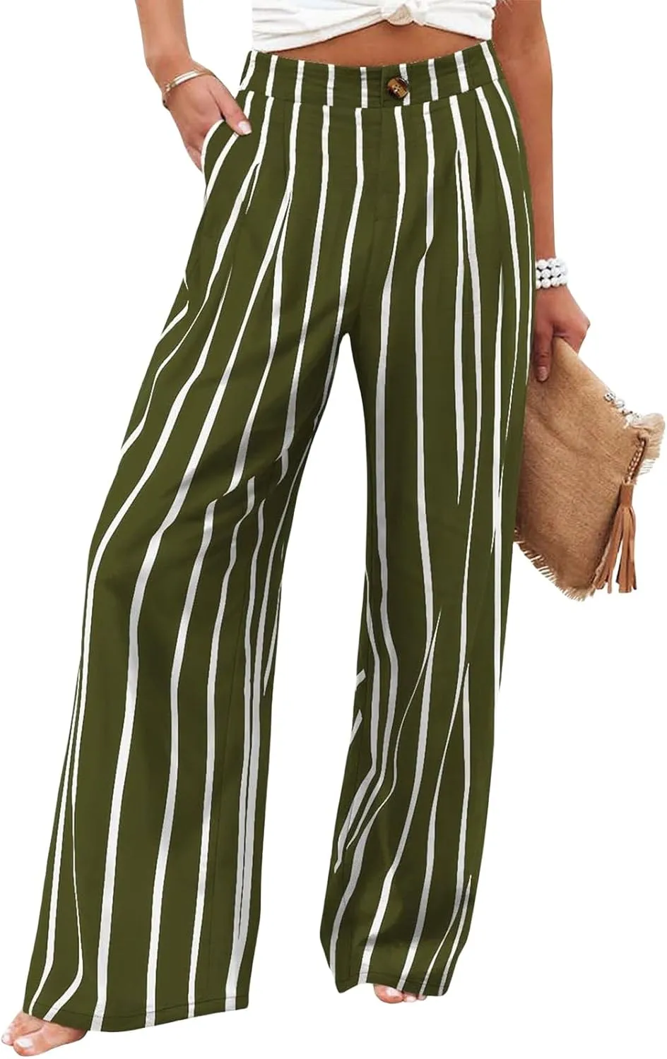 Mmoneyake Wide Leg Pants for Women High Waist Long Palazzo Pants Button Down Loose Business Work Office Trousers with Pockets
