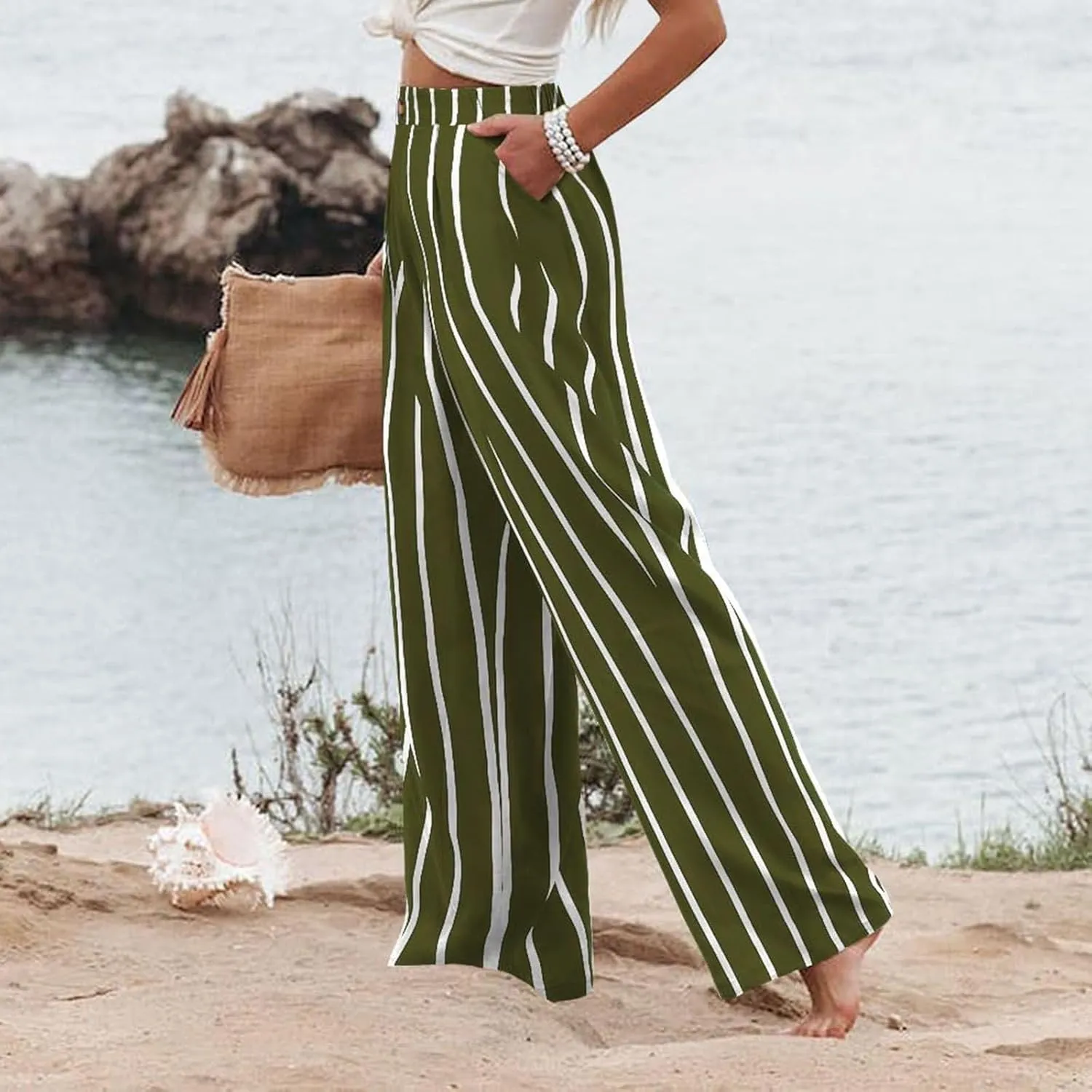 Mmoneyake Wide Leg Pants for Women High Waist Long Palazzo Pants Button Down Loose Business Work Office Trousers with Pockets