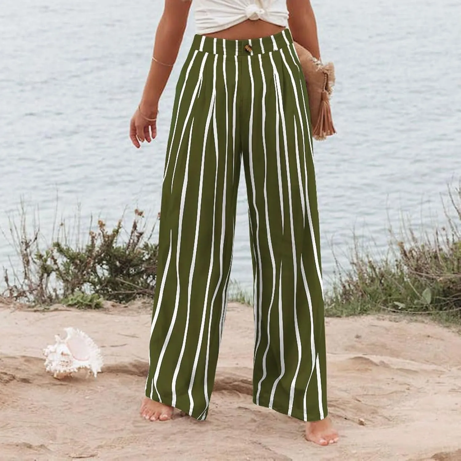 Mmoneyake Wide Leg Pants for Women High Waist Long Palazzo Pants Button Down Loose Business Work Office Trousers with Pockets