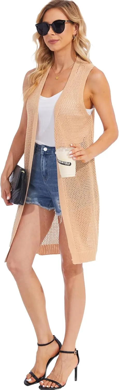 Moss Rose Womens Sleeveless Cardigans Vests Long Open Front Hollow Crochet Cardigan Sweater Duster Vest