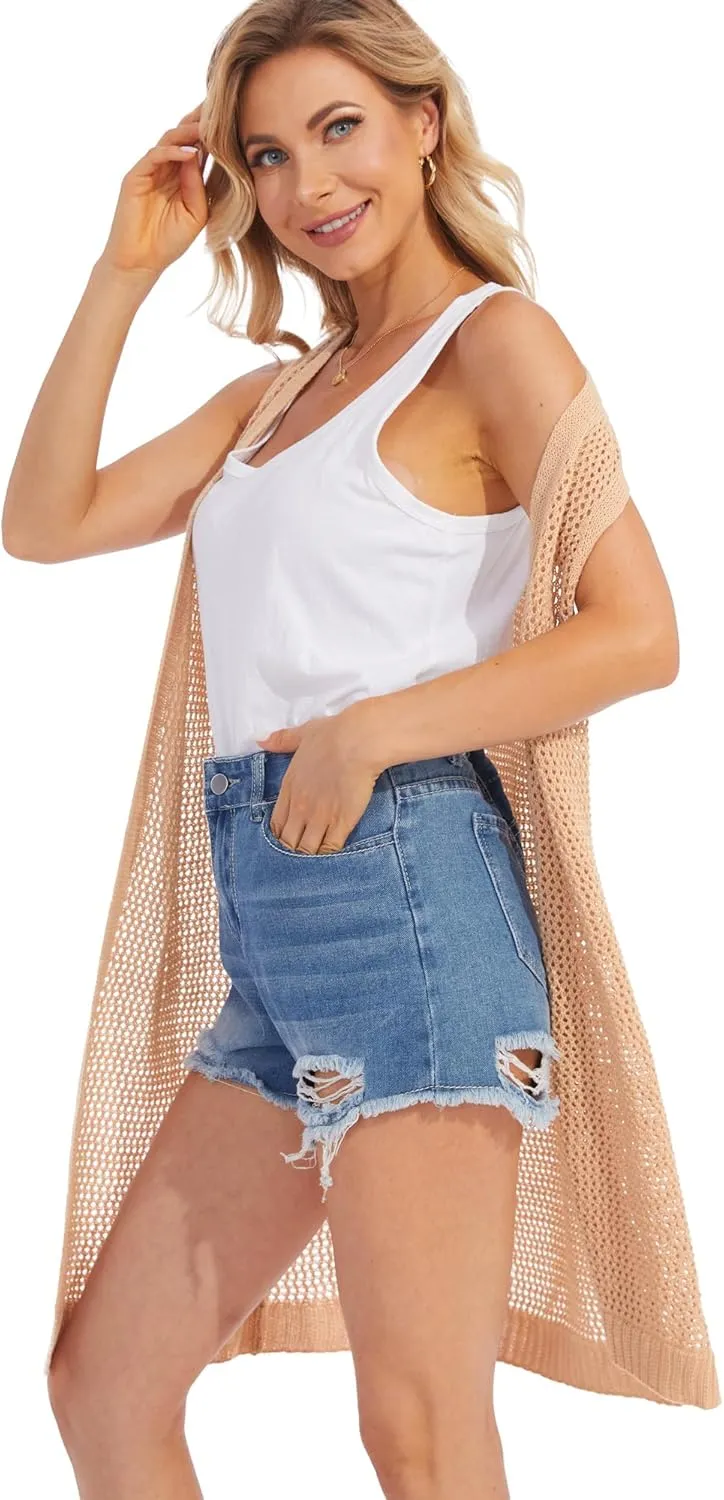 Moss Rose Womens Sleeveless Cardigans Vests Long Open Front Hollow Crochet Cardigan Sweater Duster Vest