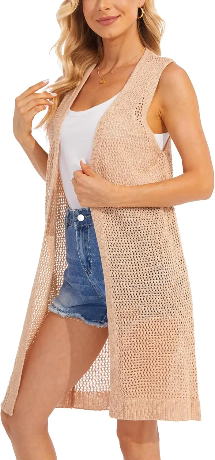 Moss Rose Womens Sleeveless Cardigans Vests Long Open Front Hollow Crochet Cardigan Sweater Duster Vest