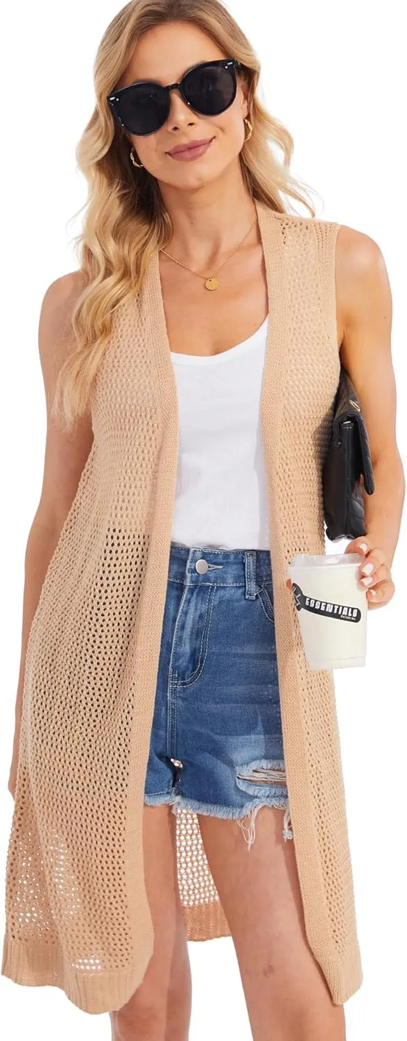 Moss Rose Womens Sleeveless Cardigans Vests Long Open Front Hollow Crochet Cardigan Sweater Duster Vest