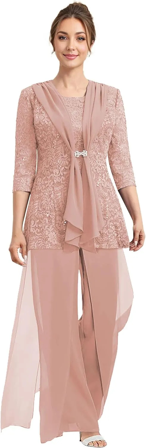 Mother of The Bride Pant Suits 3 Pieces Lace Formal Pants Outfit Grandmother of The Bride Pant Suits for Wedding Jacket