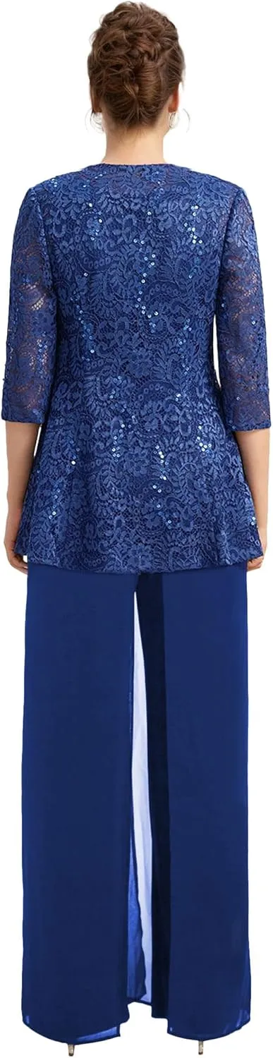 Mother of The Bride Pant Suits 3 Pieces Lace Formal Pants Outfit Grandmother of The Bride Pant Suits for Wedding Jacket