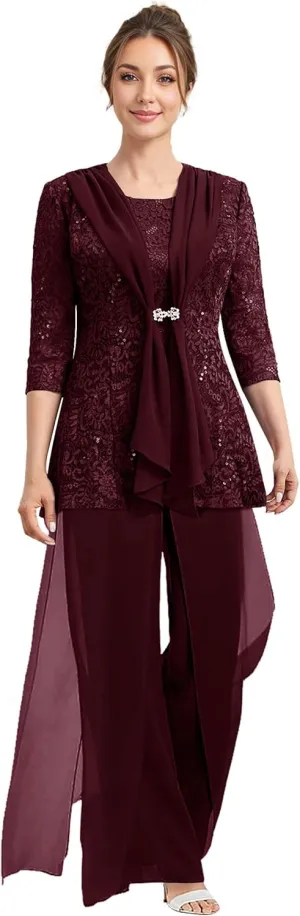 Mother of The Bride Pant Suits 3 Pieces Lace Formal Pants Outfit Grandmother of The Bride Pant Suits for Wedding Jacket