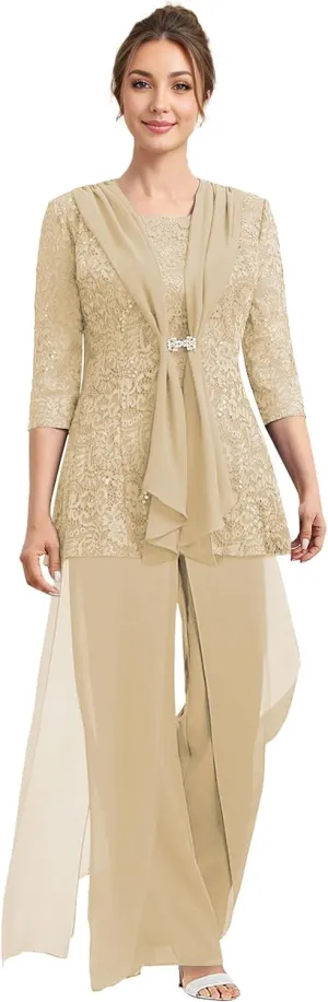 Mother of The Bride Pant Suits 3 Pieces Lace Formal Pants Outfit Grandmother of The Bride Pant Suits for Wedding Jacket