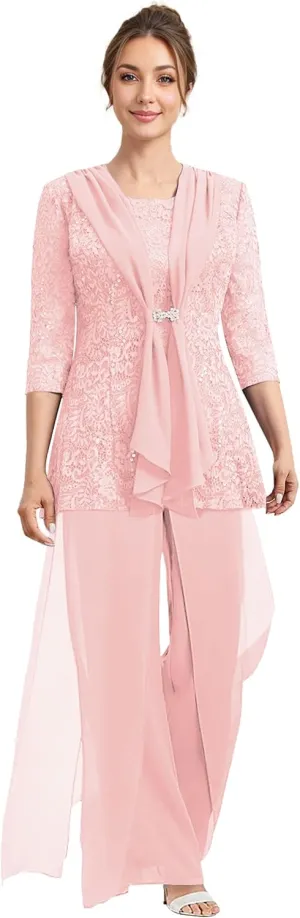 Mother of The Bride Pant Suits 3 Pieces Lace Formal Pants Outfit Grandmother of The Bride Pant Suits for Wedding Jacket