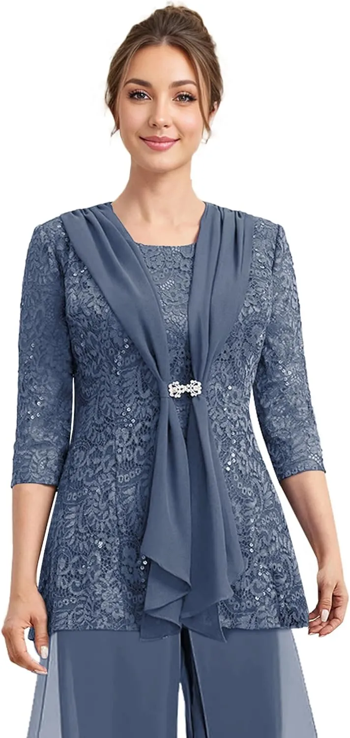 Mother of The Bride Pant Suits 3 Pieces Lace Formal Pants Outfit Grandmother of The Bride Pant Suits for Wedding Jacket