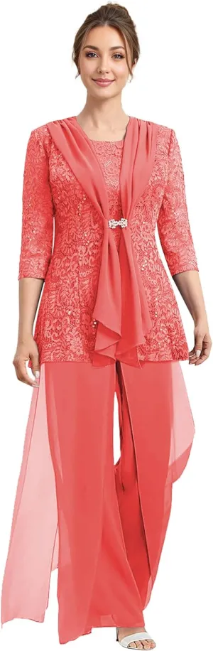 Mother of The Bride Pant Suits 3 Pieces Lace Formal Pants Outfit Grandmother of The Bride Pant Suits for Wedding Jacket