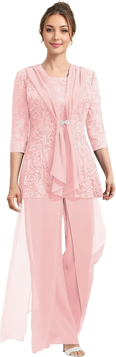 Mother of The Bride Pant Suits 3 Pieces Lace Formal Pants Outfit Grandmother of The Bride Pant Suits for Wedding Jacket