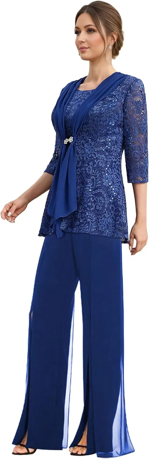 Mother of The Bride Pant Suits 3 Pieces Lace Formal Pants Outfit Grandmother of The Bride Pant Suits for Wedding Jacket