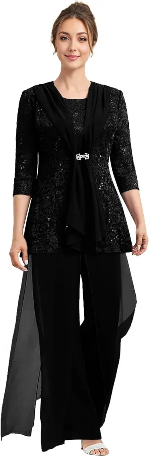 Mother of The Bride Pant Suits 3 Pieces Lace Formal Pants Outfit Grandmother of The Bride Pant Suits for Wedding Jacket