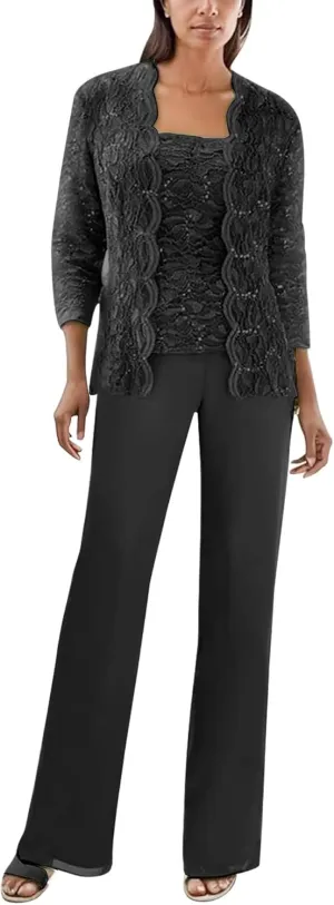 Mother of The Bride Pant Suits for Wedding Guest Sequins Lace Outfits Formal Evneing Party Gowns with Jacket
