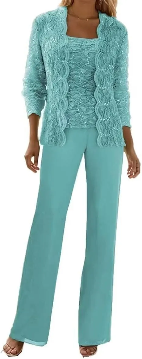 Mother of The Bride Pant Suits for Wedding Guest Sequins Lace Outfits Formal Evneing Party Gowns with Jacket