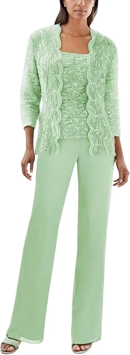 Mother of The Bride Pant Suits for Wedding Guest Sequins Lace Outfits Formal Evneing Party Gowns with Jacket