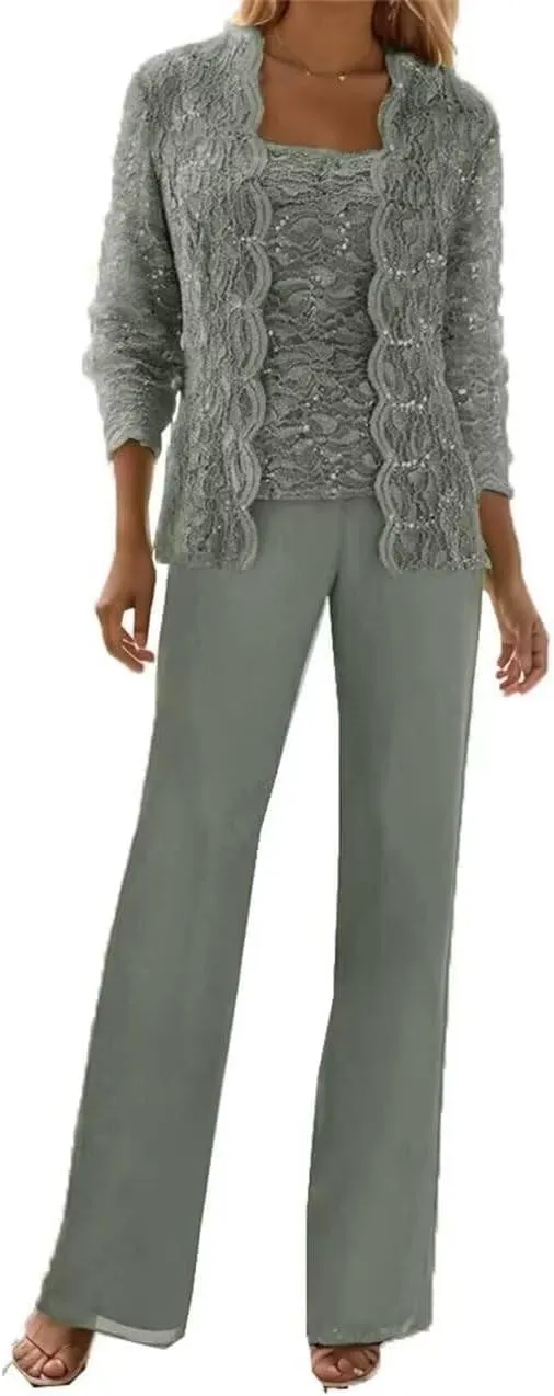 Mother of The Bride Pant Suits for Wedding Guest Sequins Lace Outfits Formal Evneing Party Gowns with Jacket