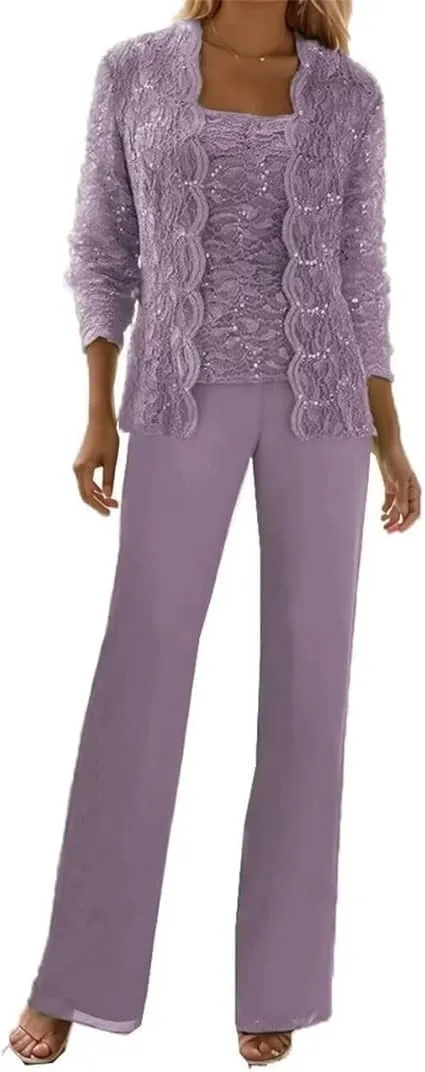 Mother of The Bride Pant Suits for Wedding Guest Sequins Lace Outfits Formal Evneing Party Gowns with Jacket