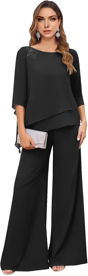 Mother of The Bride Pant Suits for Women 2 Piece Dressy Chiffon Petite Formal Wedding Guest Outfits