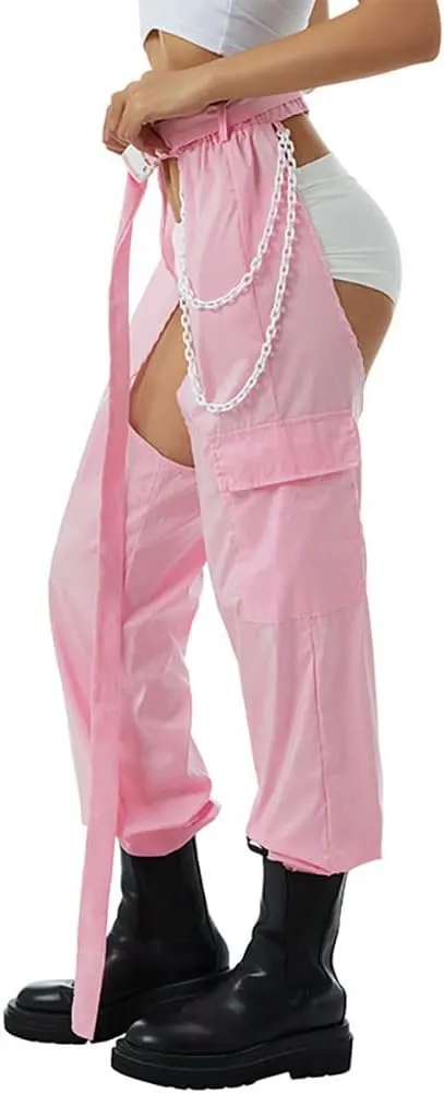 OBEEII Women's Sexy Buckle Bottomless Pants High Waist Rave Hiphop Punk Rock Crotch Hollow Out Cargo Pants Trousers